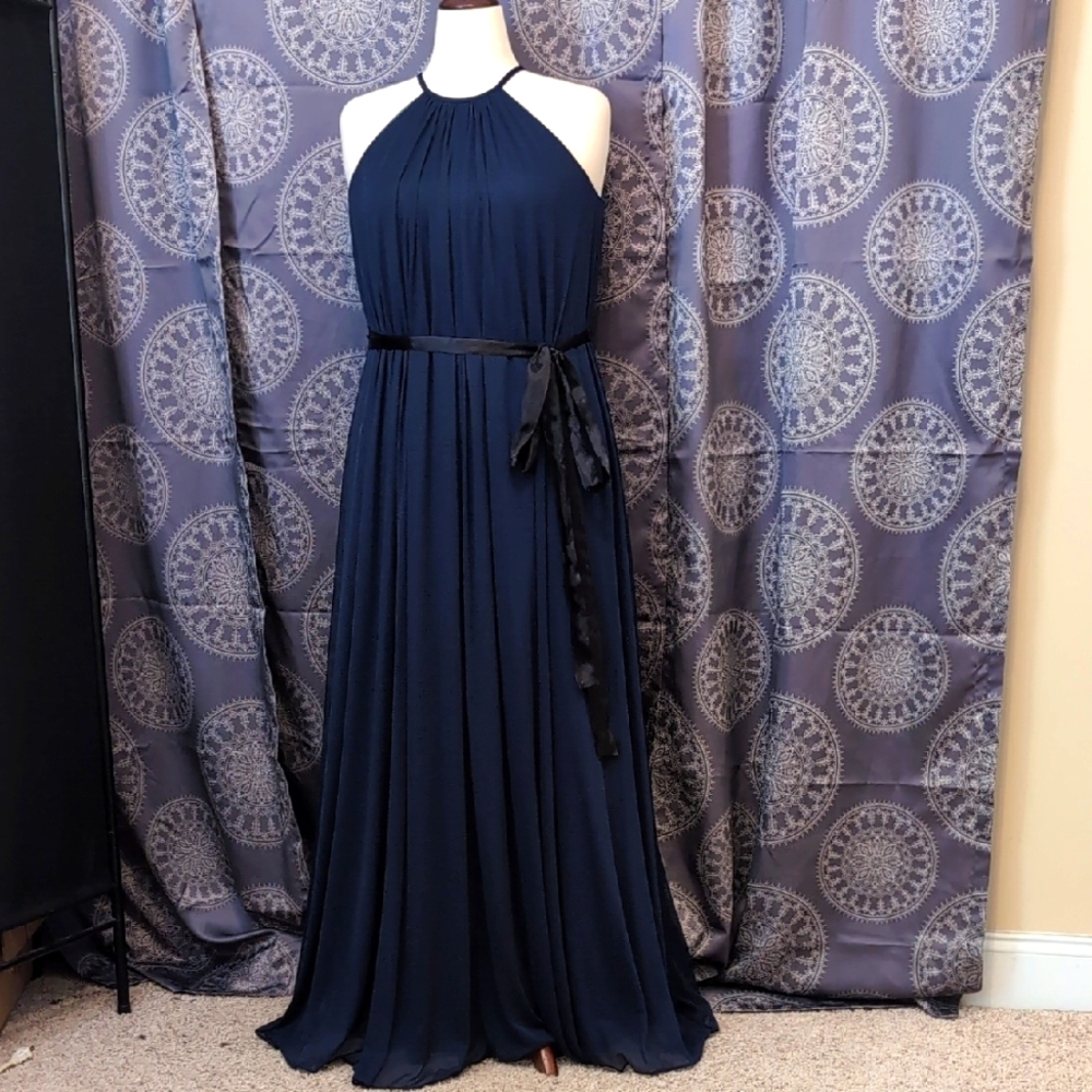 Navy Formal Halter Low Back Keyhole Dress